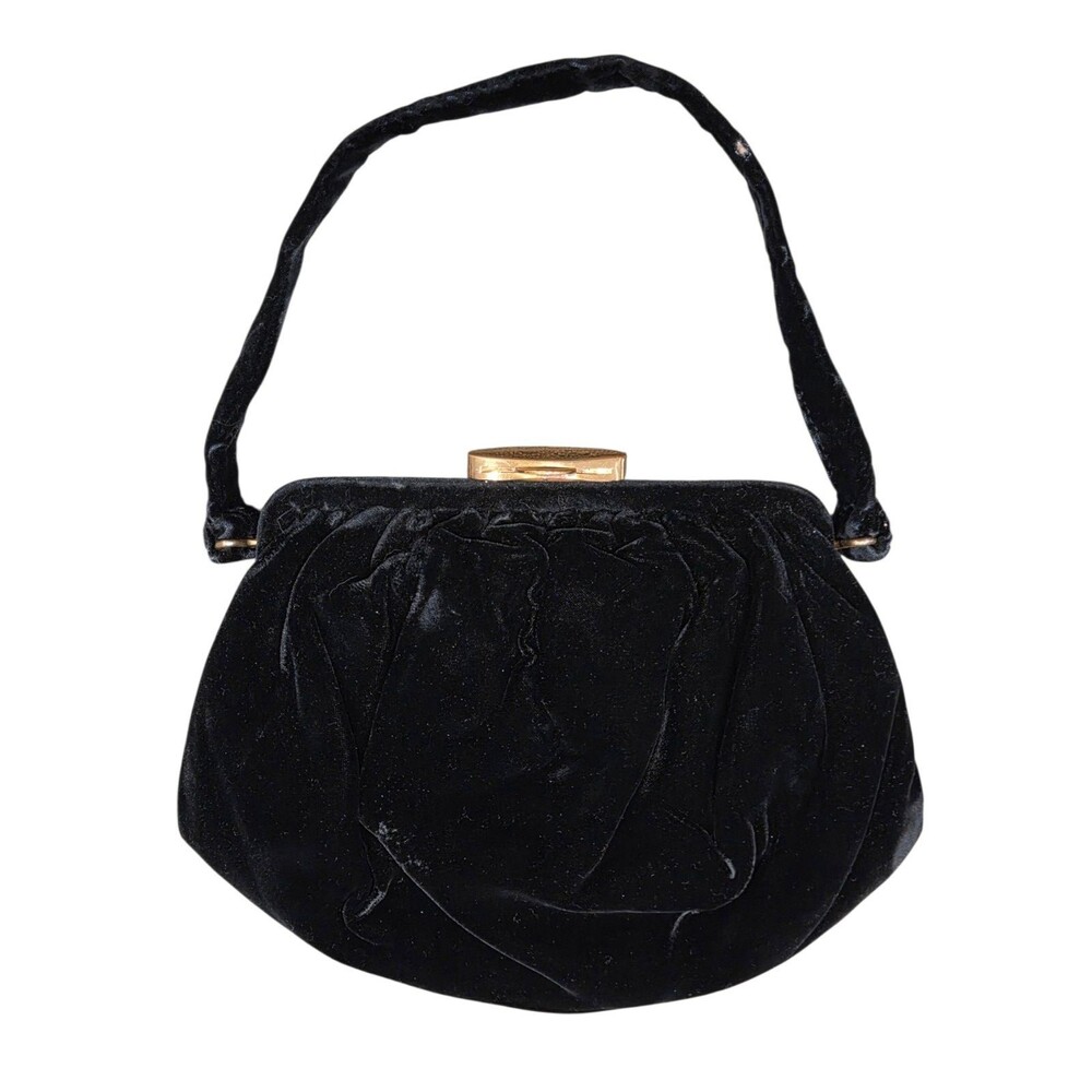 Vintage 40s/50s Garay Black Velvet Pleated Pouch Evening Handbag Purse Clutch